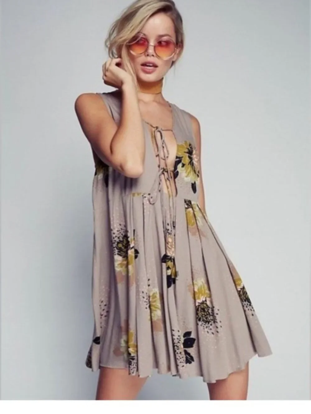 Free People Lovely Day Floral Mini Dress Taupe Size L